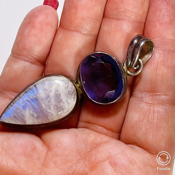 NEW LARGE AMETHYST/MOONSTONE PENDANT - 925 SILVER INDIA ARTISAN - Picture 2 of 12